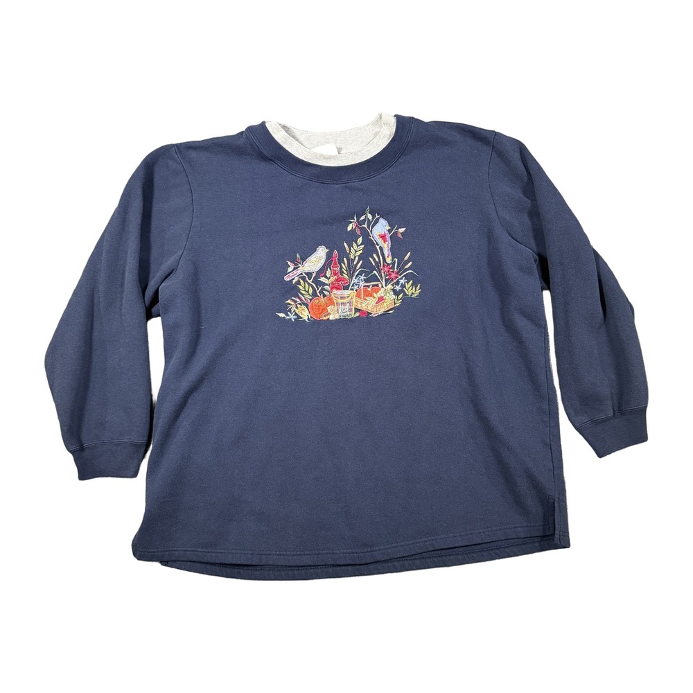 Bobbie Brooks Womens Embroidered Birds Fall Sweatshirt Navy 18W 20W